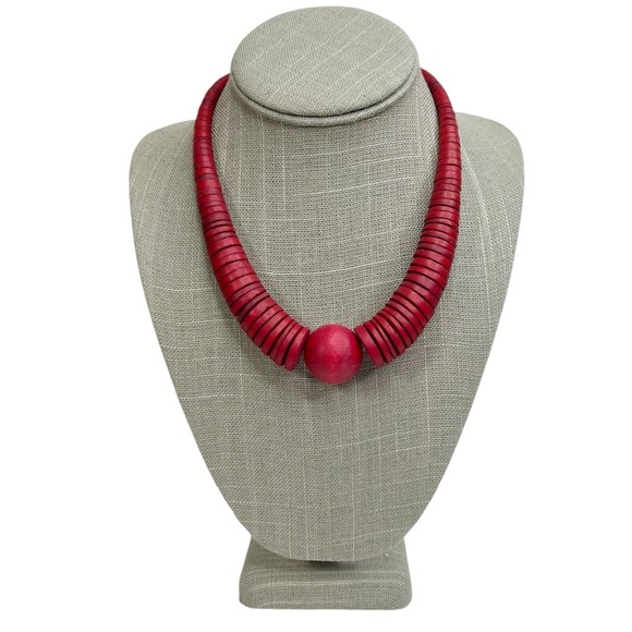 Cherry Red Wooden Disc & Round Ball Statement Necklace - Picture 1 of 9